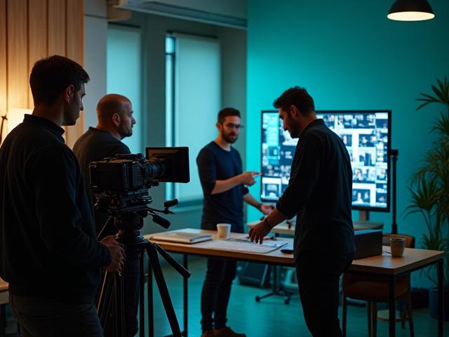 Equipo de Taita Prisma colaborando en una sesión de fotos en un estudio moderno y bien iluminado.