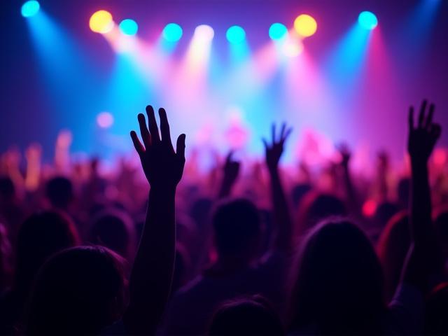 Audiencia en vibrante festival de música con luces de escenario
