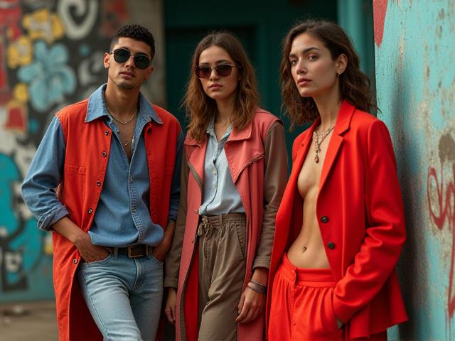 Campaña de moda urbana con modelos en un entorno artístico de Medellín