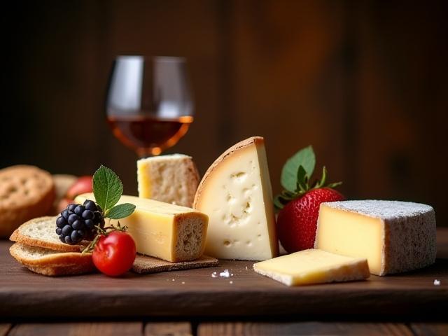 Selección de alimentos gourmet elegantemente presentados sobre una mesa de madera